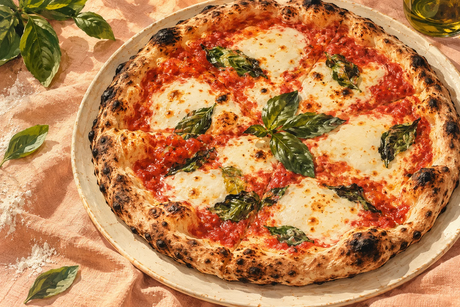 Illustration culinaire d’une pizza au feu de bois, garnie de tomate, mozzarella et basilic